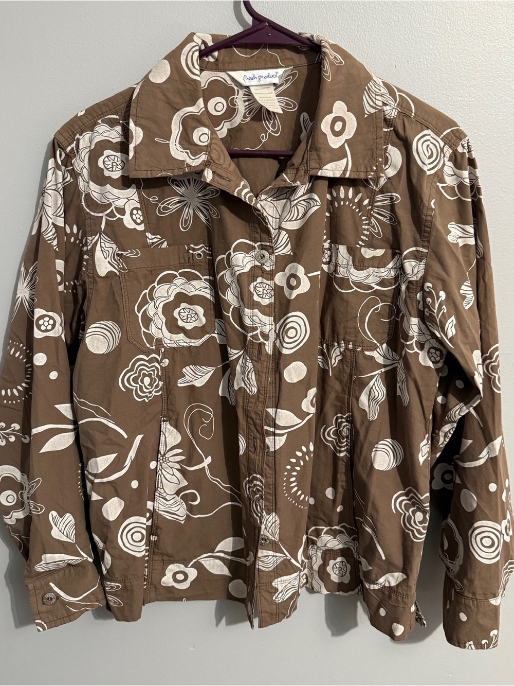Fresh Produce Jacket Womens Medium Button Front Floral Brown Neutral Cotton